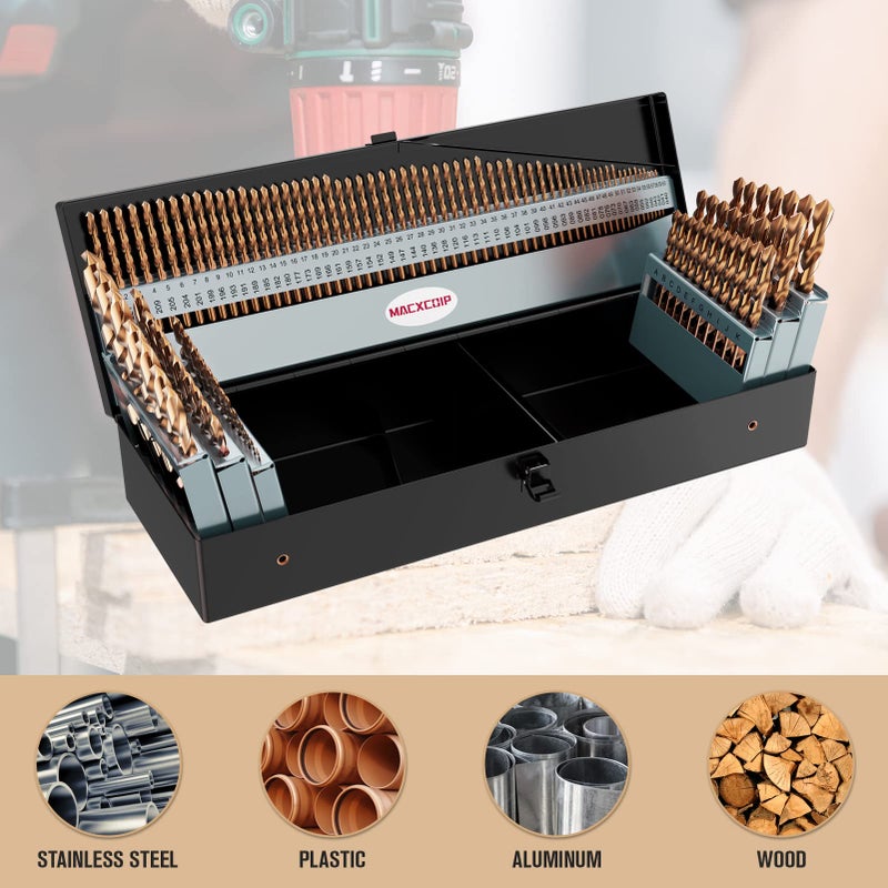 MACXCOIP Cobalt Drill Bit Set  115Pcs M35 High Speed Steel Bits for Hardened Metals  Stainless Steel  Cast Iron and Wooden Plastics  with Metal Index Storage Box - Image 5